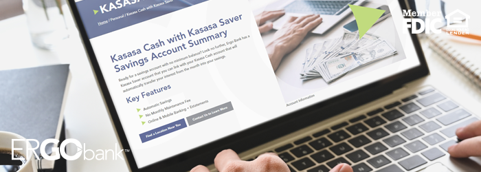 Person looking at Ergo Bank web page about Kasasa Saver on their laptop